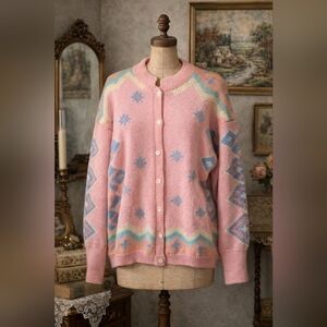 Vintage SKYR 100% Wool Cardigan • Pastel Geometric Southwest Knit • Size L
